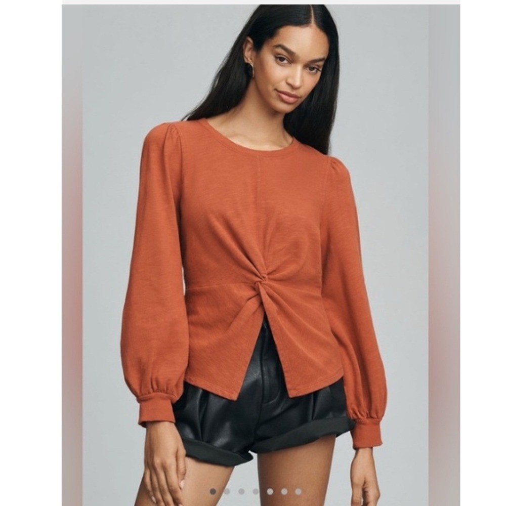 Pilcro Anthropologie Twist Front Puff Sleeve Top Medium Rust Orange